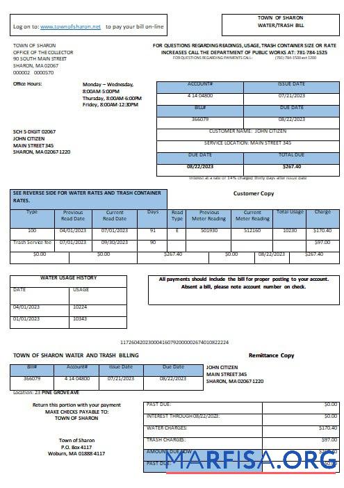 Printable USA Sharon Town of Sharon water trash utility bill Word and PDF formats download for verification